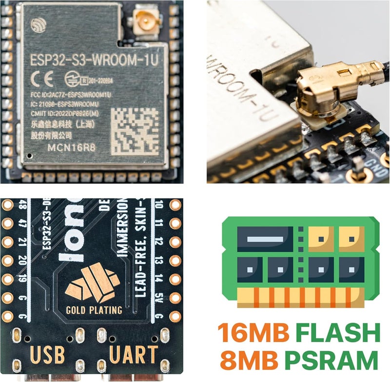 LONELY BINARY مجموعة 3 قطع من لوحة تطوير ESP32-S3 - إصدار الذهب - 16MB فلاش، 8MB PSRAM IPEX، نوع-C مزدوج - متوافقة مع Arduino IDE و ESP-IDF (3X N16R8 لوحة تطوير مع هوائي خارجي) - Image 5